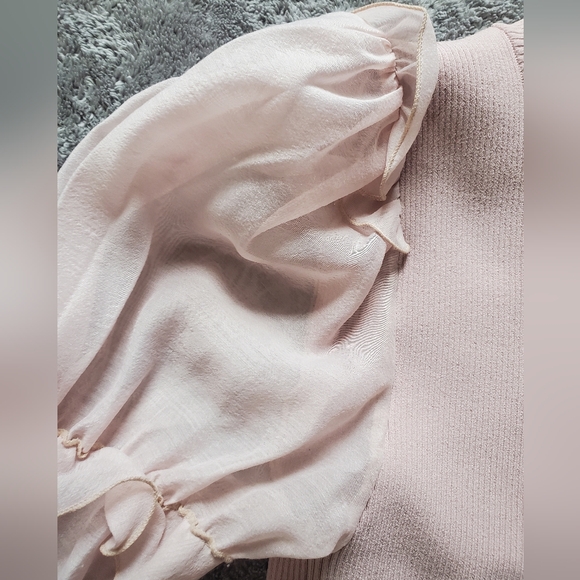 Zara Elegant Pink Puff Sleeve Ribbed Long Sleeve Top - Size L - Picture 7 of 10